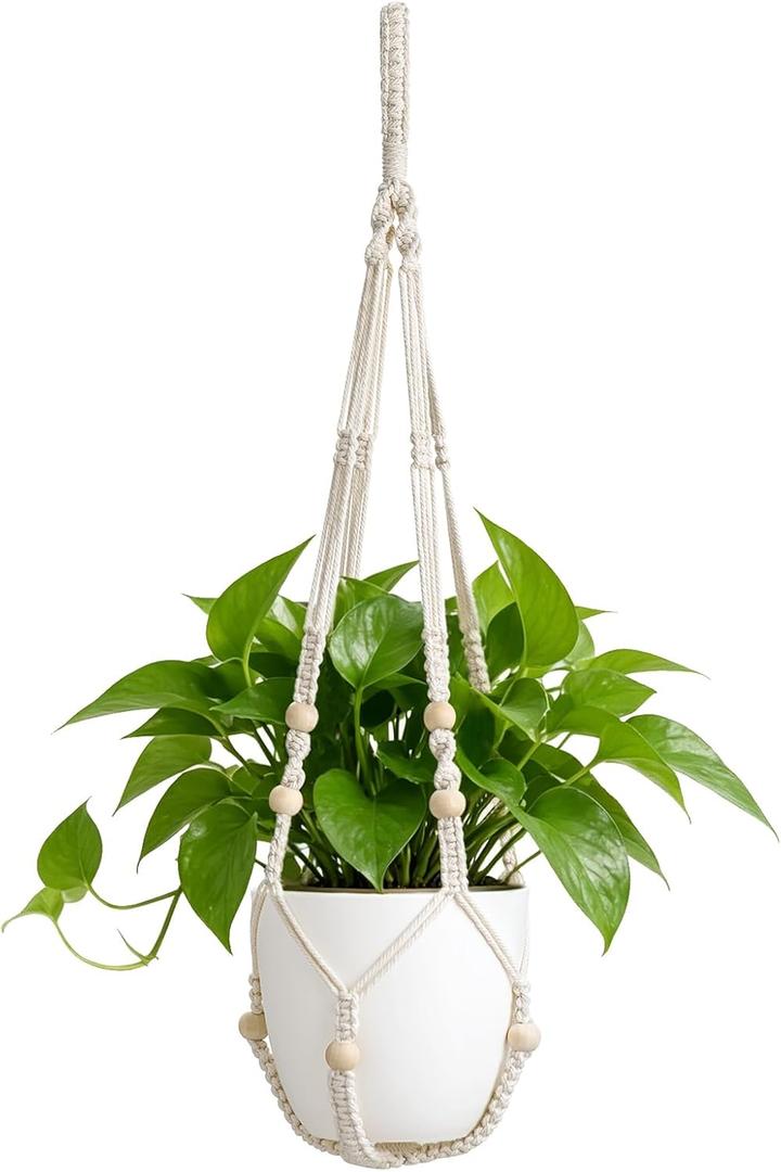 Mkono Macrame Plant Hanger Indoor 29 Inch Hanging Planter Basket with Wood Beads Decorative Flower Pot Holder No Tassels for Indoor Outdoor Boho Home Decor (POTS NOT Included) (1, Ivory)