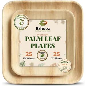 brheez Bamboo Plates Disposable Palm Leaf Plates | 10 inch bamboo dinner plates | Eco Compostable Biodegradable Plates | 10&7 Inch (50 pc)