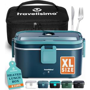 TRAVELISIMO Extra-Large Electric Lunch Box For Adults Holds up to 8 Cups - 80W Heated Lunch Box 1.8L Portable Microwave, Portable Food Warmer, Travel & Work - Loncheras Para Hombres De Trabajo (Dark Blue)
