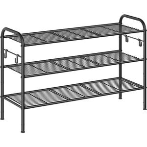 SONGMICS Shoe Rack, 3-Tier Shoe Organizer, Metal Shoe Shelf Storage with 4 Side Hooks, Holds 15 Pairs of Shoes, Height-Adjustable Shoe Rack for Entryway, Hallway, Closet, Ink Black ULMR138B01