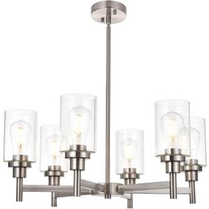 VINLUZ 6 Light Contemporary Chandelier Brushed Nickel Modern Pendant Lighting Cylinder Clear Glass Shaded Classic Ceiling Light Fixtures for Living Room Dining Room Kitchen