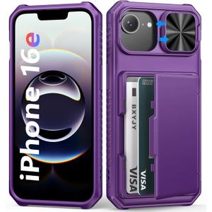 for iPhone 16e/17e Wallet Case with Camera Cover, Built-in Card Holder (4-5 Cards), RFID Block, Military Grade Protection, Heavy Duty Women Men Girly Phone Case for iPhone 16e/17e, Dark Purple