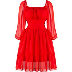 PUKAVT Women's Summer Dresses 2026 Square Neck Tie Back 3/4 Lantern Sleeve Vintage Chiffon Short Dress (XS)