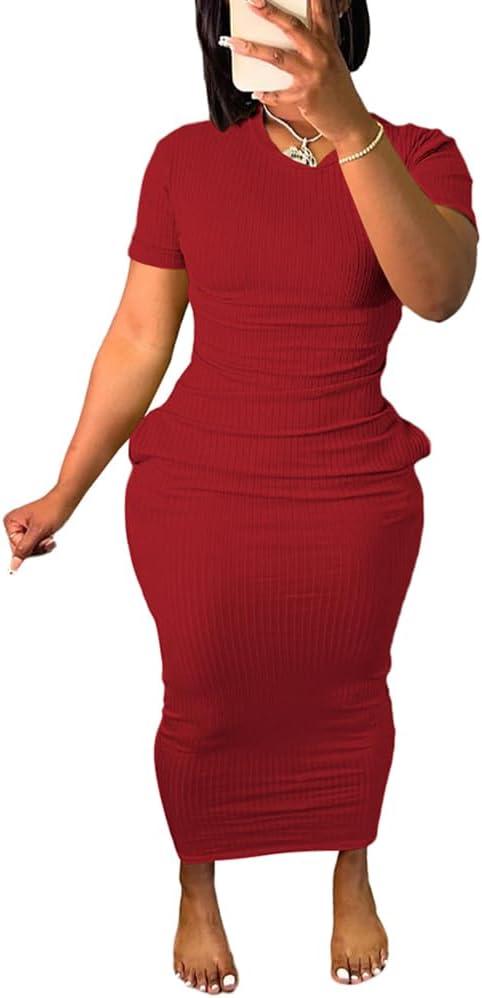 Women's Short Sleeve Dress T Shirt Bodycon Ribbed V Neck Maxi Sundress Basic Party Club Night Out Dress-Red-XL