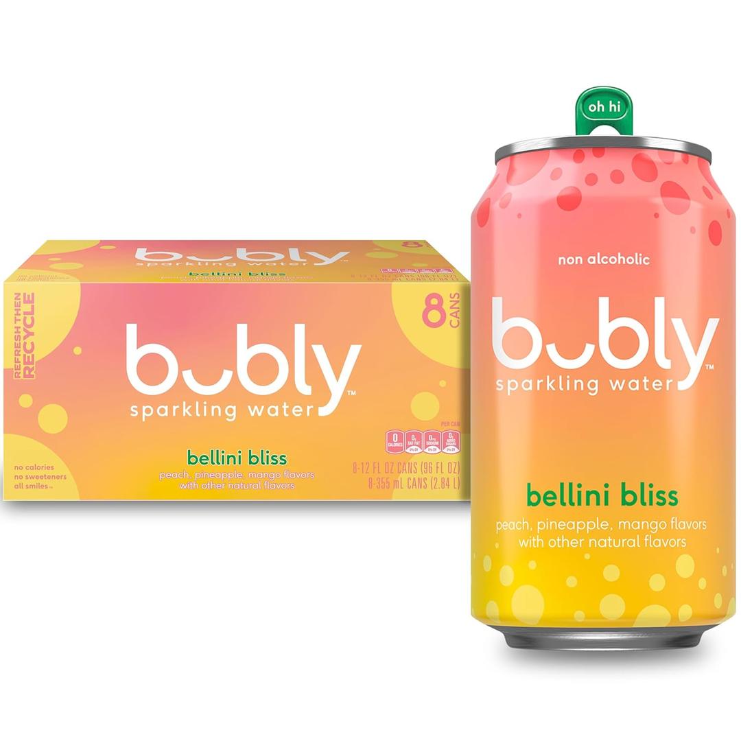 Bubly Sparkling Water, Bellini Bliss, Zero Sugar & Zero Calories, 12 fl oz Cans, (Pack of 8), Best By: SEP 22 25 Bubly Sparkling Water, Bellini Bliss, Zero Sugar & Zero Calories, 12 fl oz Cans, (Pack of 8), Best By: SEP 22 25