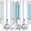 Better Living Aviva Shower Dispenser 2 Chamber, Wall Mount Shower Soap Dispenser for Bathroom Hotel Body Wash, Built-in Hooks, No Drill, Waterproof Shampoo Soap Dispenser, 2 x 11 oz, Satin Silver