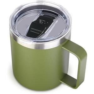 Volhoply 14oz Insulated Stainless Steel Coffee Mug with Leakproof Lid,Double Wall Vacuum Travel Coffee Cup with Handle,Reusable Cups Tumbler,Camping Mugs Keep Hot,Ideal Gifts (Army Green 