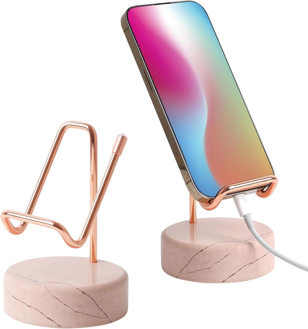 Marble Phone Stand with Metal Holder, Charging While Using, Swipe Up to Unlock, Made of Natural Marble as Business Card Holder for Office Desk (Rose Pink + Rose Gold)