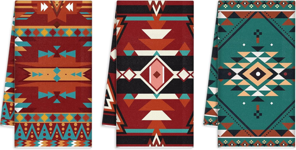 3 Pack Southwestern Kitchen Towels Boho Aztec Theme Dishtowels Decorative Native American Hand Tea Towels for Absorbent Kitchen Decor with Hanging Loop for Room Home Housewarming Gift