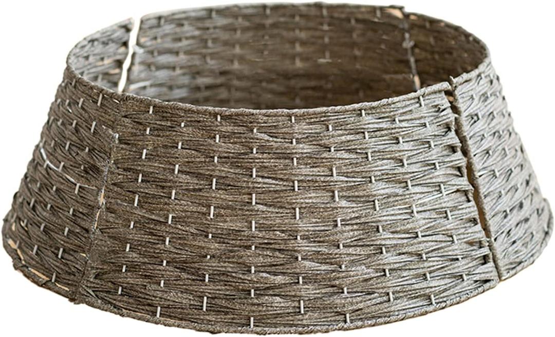 Mokylor Farmhouse Christmas Tree Collar, Detachable PE Rattan Christmas Tree Skirt, Alternative Tree Skirt Christmas Tree Rings Handmade Artificial Rattan Wicker Christmas Stands(Gary, S)