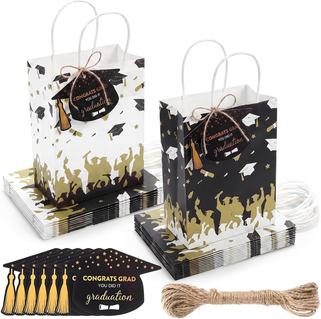 Kolldenn 48 Set Graduation Gift Bags with 48 Graduation Cap Tags and 20m Twine, Black and White Kraft Paper Grad Party Favor Bags, Congrats Grad Gift Wrapping Bag for Celebration Party Supplies