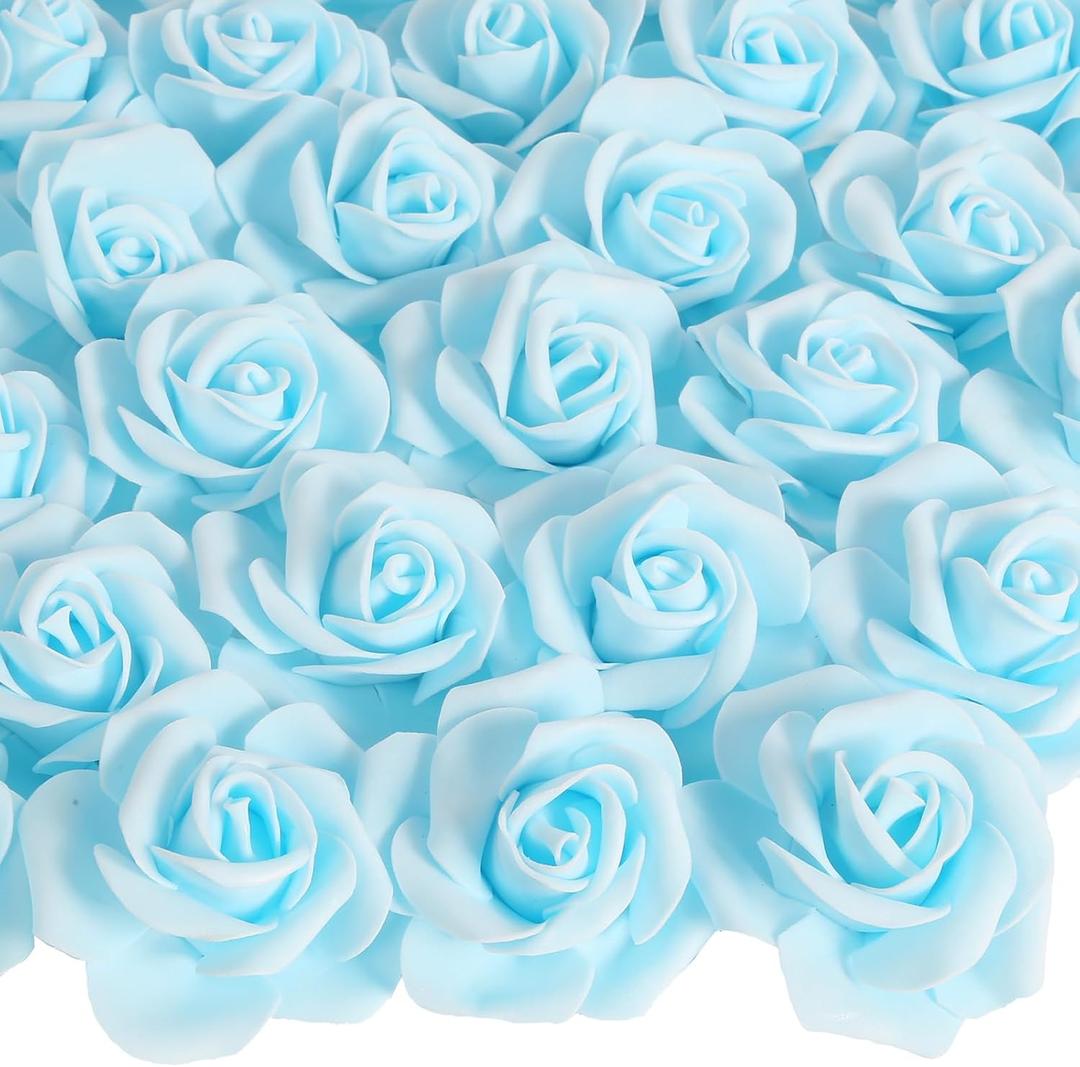100PCS Baby Blue Foam Roses Artificial Flowers Blue Foam Flowers Bulk Stemless Fake Roses for DIY Wedding Centerpieces Arrangements Party Baby Shower Home Decor (Baby Blue)