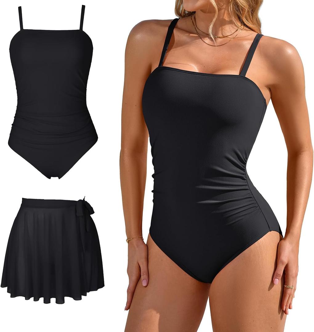 Charmo Womens One Piece Swimsuit with Swim Skirt Tummy Control Slimming Bathing Suit Modest Swim Suits Swimwear 2026 (Black, XL)