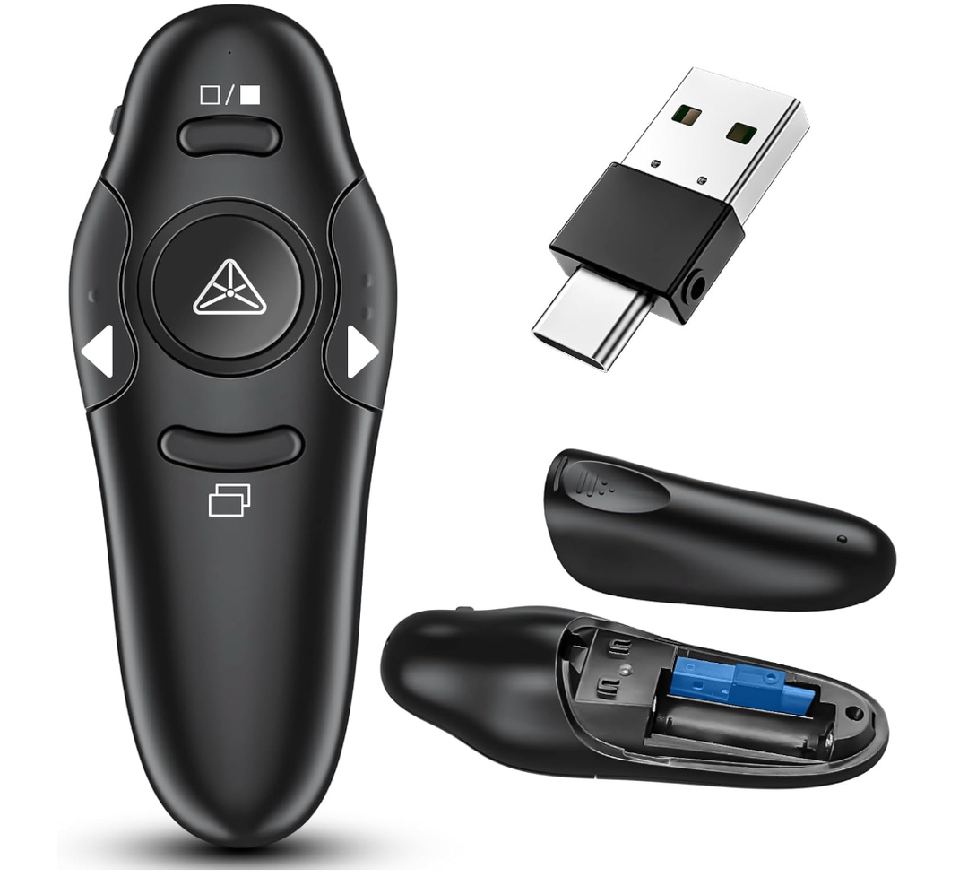 2in1 USB Type C Presentation Clicker Wireless Presenter Remote with Laser Pointer, RF 2.4GHz USB C PowerPoint Clicker Slide Advancer for Computer/Mac/Laptop