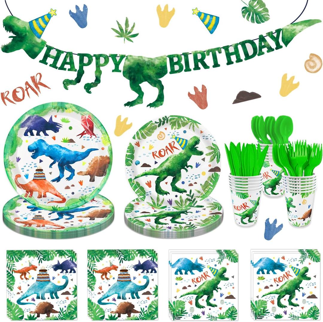 169 Pcs Watercolor Dinosaur Party Supplies Dinosaur Theme Birthday Party Decoration Includes Banner Plates Cups Napkins Knives Forks Spoons Tableware for Boys Birthday, Serves 24 Guests