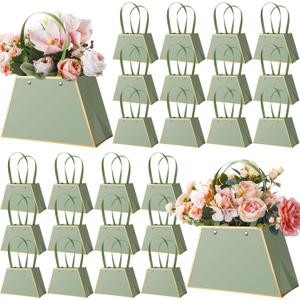 Noveread 24 Pcs Mother's Day Floral Gift Bags Bulk Portable Flower Bouquet Wrapping Paper Bag with Handle Waterproof Florist Wrap Centerpiece Box for Women Anniversary Wedding Birthday(Sage Green)