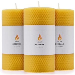 3PCS Beeswax Pillar Candles,Large Handmade Pure Beeswax Rolled Candle,Unscented & Dripless & Smokeless, 3 * 6"