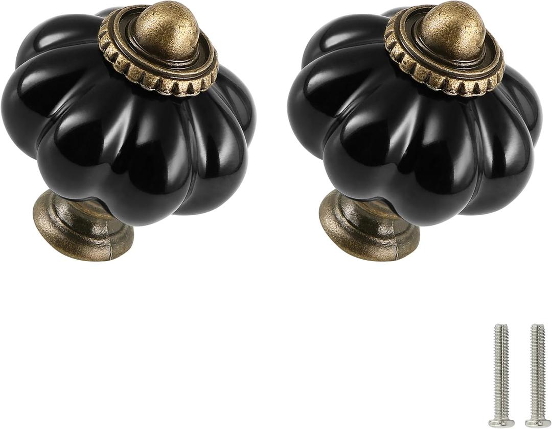 Black Pumpkin Knobs 6 Pack Ceramic Cabinet Knobs Vintage Drawer Pulls - Antique Dresser Pulls with Screws for Closet Drawer Cupboard Cabinet and DIY Home Project (1-3/8 Inch)