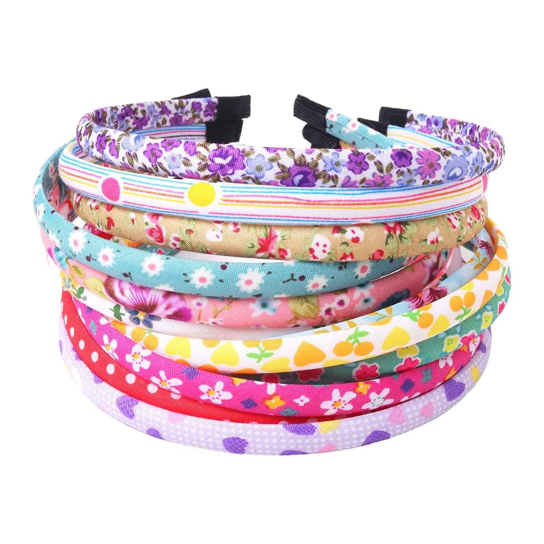 Fishdown Headbands for Girls 12Pcs Thin Head Bands for Kids Children Hairbands for Toddler Floral Cloth Fabric Covered Headband Birthday Party Favors