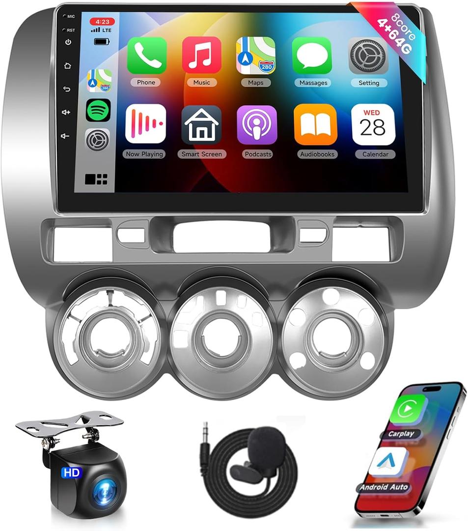 DSP 46EQ 5GhzWiFi 8Core 4G 64G for Honda Fit Jazz 2004-2010 Car Stereo Radio with Wireless CarPlay/Android Auto//9inch 1280x720P IPS Touchscreen/Canbus/5.0Bluetooth/GPS/Mirror Link/Rear Camera