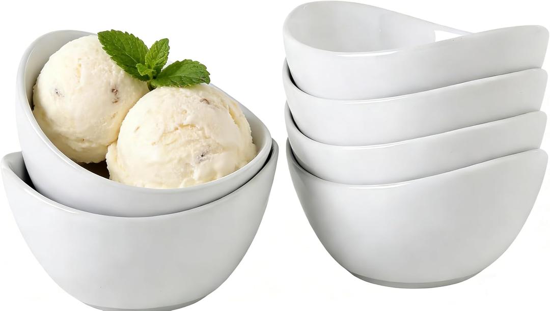 6pcs White Serving Bowls, 6.5-inch Ceramic Soup Bowls, for Ice Cream, Salad, Fruit, Yogurt, Cereal, Dipping, Oval Porcelain Pasta Dish, Stackable Essential Kitchen Bowl Microwave and Dishwasher Safe