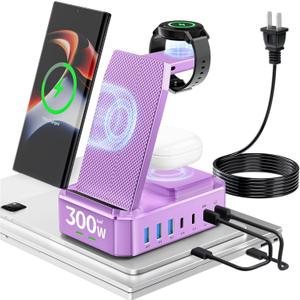 300W Wireless Charger for Samsung,Zutspzss 10 in 1 Wireless Charging Station, 65W USB C Fast Charging Stand for Samsung S25 Ultra/S24/S23/S22/Z Fold,Galaxy Watch Ultra7/6/5,Galaxy Buds,Purple
