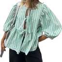 Tie Front Tops for Women Leopard Print Peplum Babydoll Top 3/4 Length Puff Sleeve Coquette Tops Cute Going Out Tops, Small, Green Striped