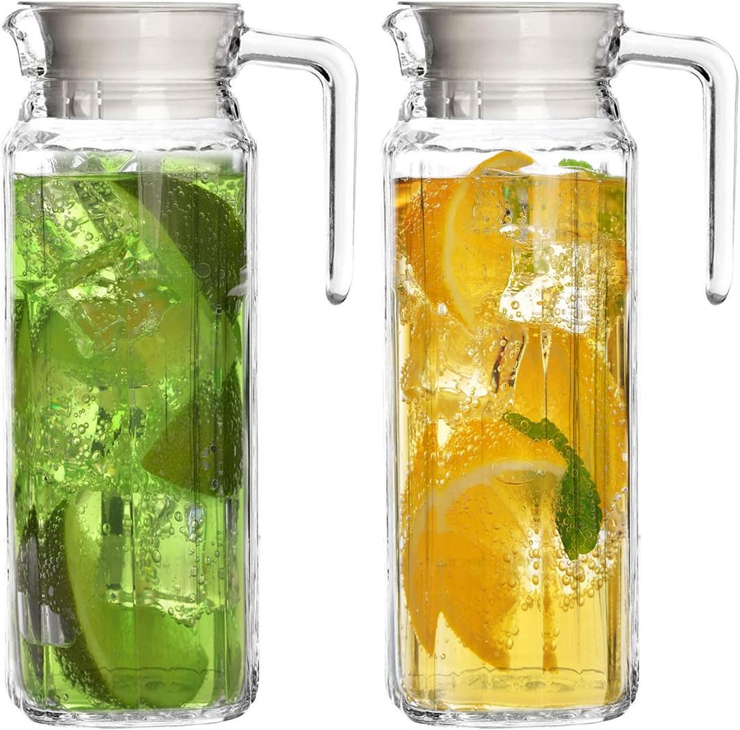 Glass Pitcher with Lid  Set of 2 34Oz Glass Water Pitcher  Cold Water Carafe For Ice Tea, Lemonade, Coffee  Elegant and Modern  Practical Spout Pitchers for Drinks