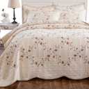 Quilt Set Floral Leaves 3D Embroidery Pattern 3 PCS Cotton Reversible Quilted Embroidered Decorative Bedspreads Coverlet Set, Lightweight &Soft Queen Size Beige Bedding Coverlet for All Season