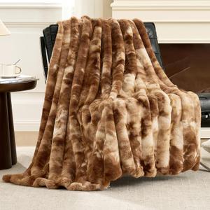 Cozy Bliss Deluxe Striped Rabbit Faux Fur Throw Blanket, Soft Fluffy Warm Plush Blanket for Winter, Modern Homr Decor, Tie-dye Brown 50"x60"