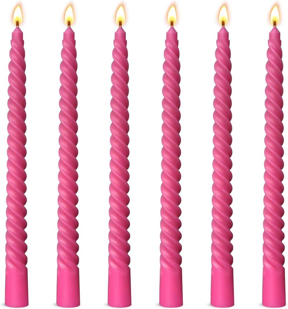 6 Pack 10 Inch Hot-Pink Spiral Taper Candles for Christmas and Holiday Home Decoration, Unscented Dripless Twisted Candlesticks for Dinner Party Wedding Valentine's Day