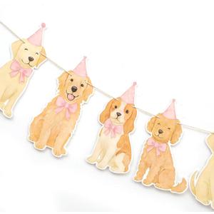 Dog Themed Birthday Party Banner, Golden Retriever Puppy Design with Pink Party Hats and Bows, 80 Inch Adjustable Garland Decoration for Kids Baby Dog Birthday Party Supplies