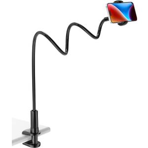 Tryone Gooseneck Phone Holder Stand for Bed Flexible Arm Adjustable Cell Phones Mount Clamp on Desk Bedframe Compatible with iPhone 14 Pro Max 13 12 11 X SE Series/Samsung S22 or Other 4"-7" Devices (Black)