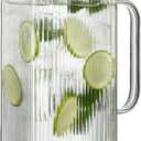2 Liter/68 oz Square Glass Pitcher with Lid, Classic Stripes Water Pitchers with Handle for Fridge, Large Jug for Iced Tea, Coffee, Borosilicate Glass Carafe for Hot/Cold Brew Drink, Silver