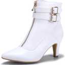 IDIFU Women's Pointed Toe Metal Buckle Two Strap Ankle Booties Side Zipper Kitten Heel Dress Classic Short Boots (7.5, D White Pu)