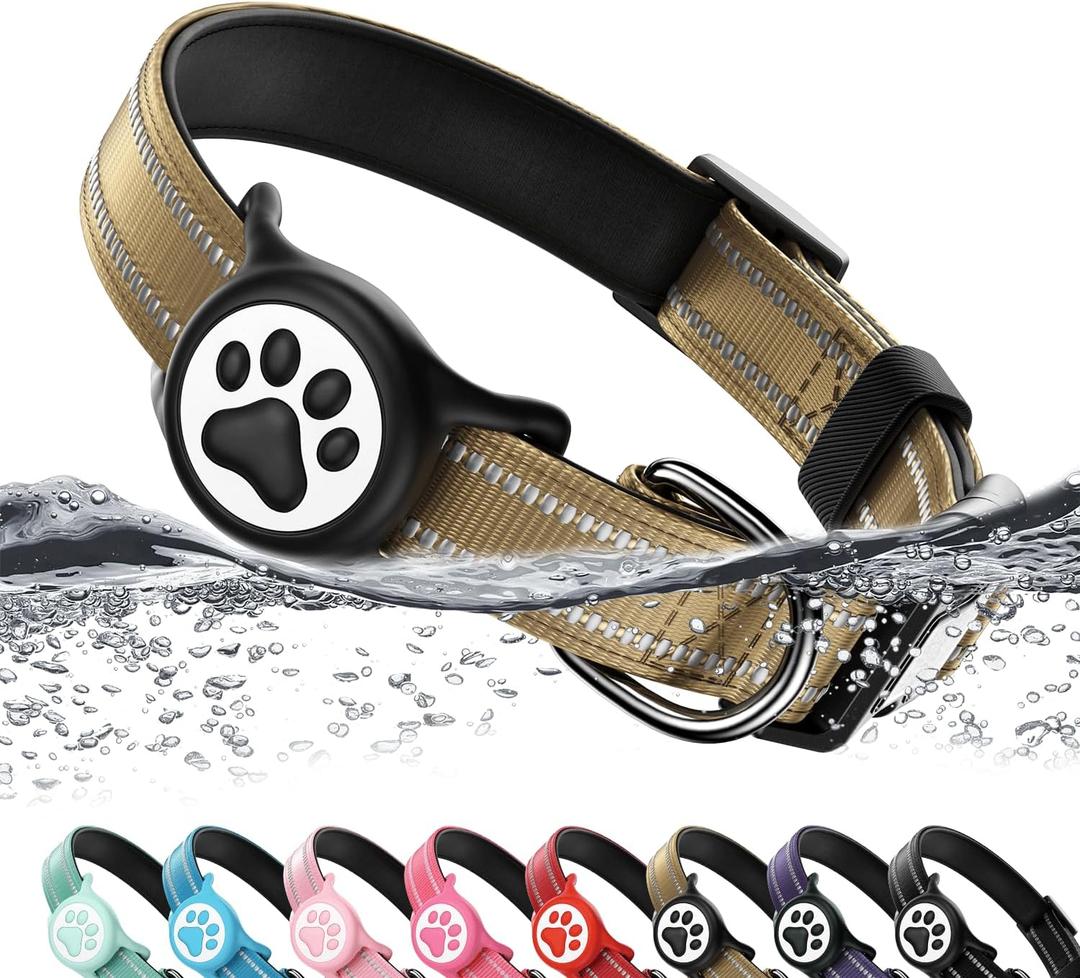 Airtag Dog Collar, Reflective Ultra-Durable Nylon Padded with QR Code Buckle & IP68 Waterproof Air Tag Holder Compatible for Apple AirTag, Comfortable for Dogs(Brown,S)