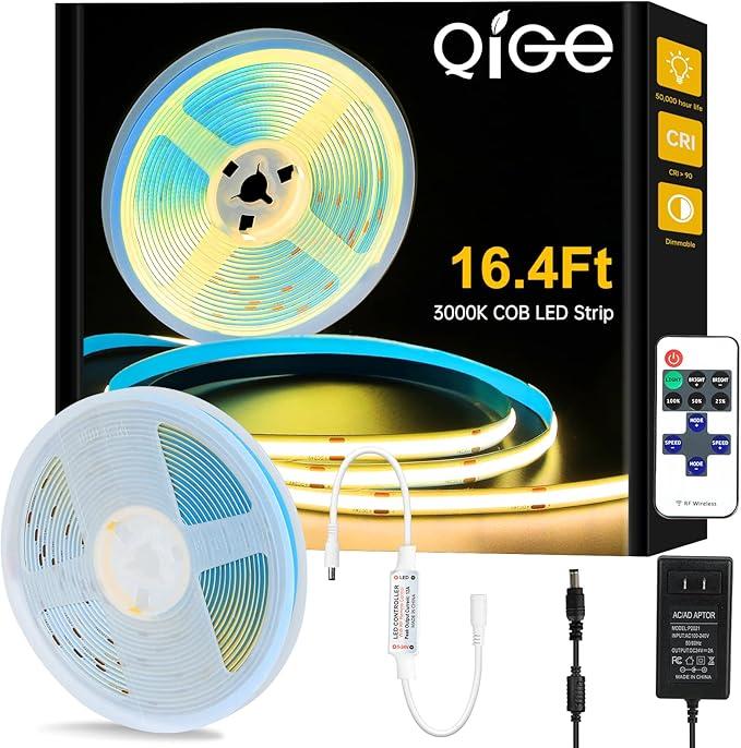 COB LED Strip Lights Warm White 3000K,16.4ft Premium High Density 24V Tape Light,2400 LEDs,350+ LM/FT, CRI 90+, IP20, Lighting for Kitchen, Cabinets (Power Supply & Remote Controller Included)