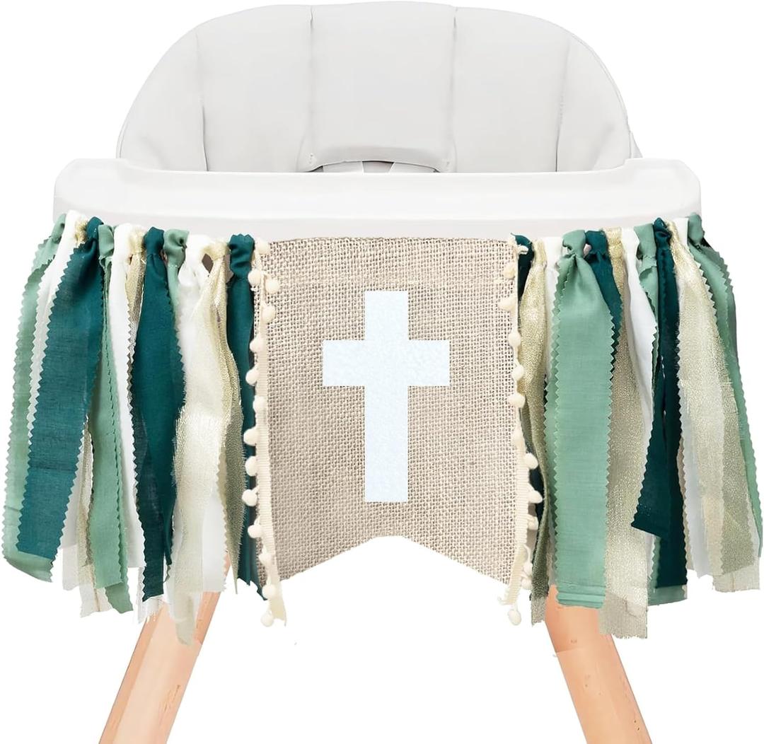 God Bless Cross High Chair Banner,First Holy Communion Baptism Party Decorations,Religious Jesus Christening Decor for Boys Girls,36x12 inches