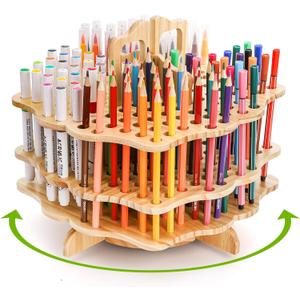 Peohud Wooden Pen Holder, 124 Slots Rotating Pencil Display Stand, Portable Paint Brush Organizer for Colored Pencils, Watercolor Brushes, Art Brushes, Office, Desktop