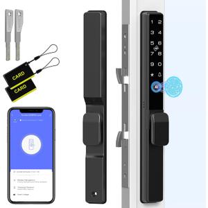 Sliding Door Lock, Smart Door Lock with Fingerprint RFID Keypad Bluetooth App Control, Electronic Biometric Digital Code with Double Hook for Thickness 22~110mm, Keyless Entry Patio Door Lock