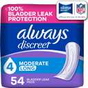 Always Discreet Adult Incontinence Pads for Women, Drier, 4 Drop Long Length, Moderate Absorbency, Pads for Bladder Control Management, Bladder Leaks, & Postpartum Pads, 54ct