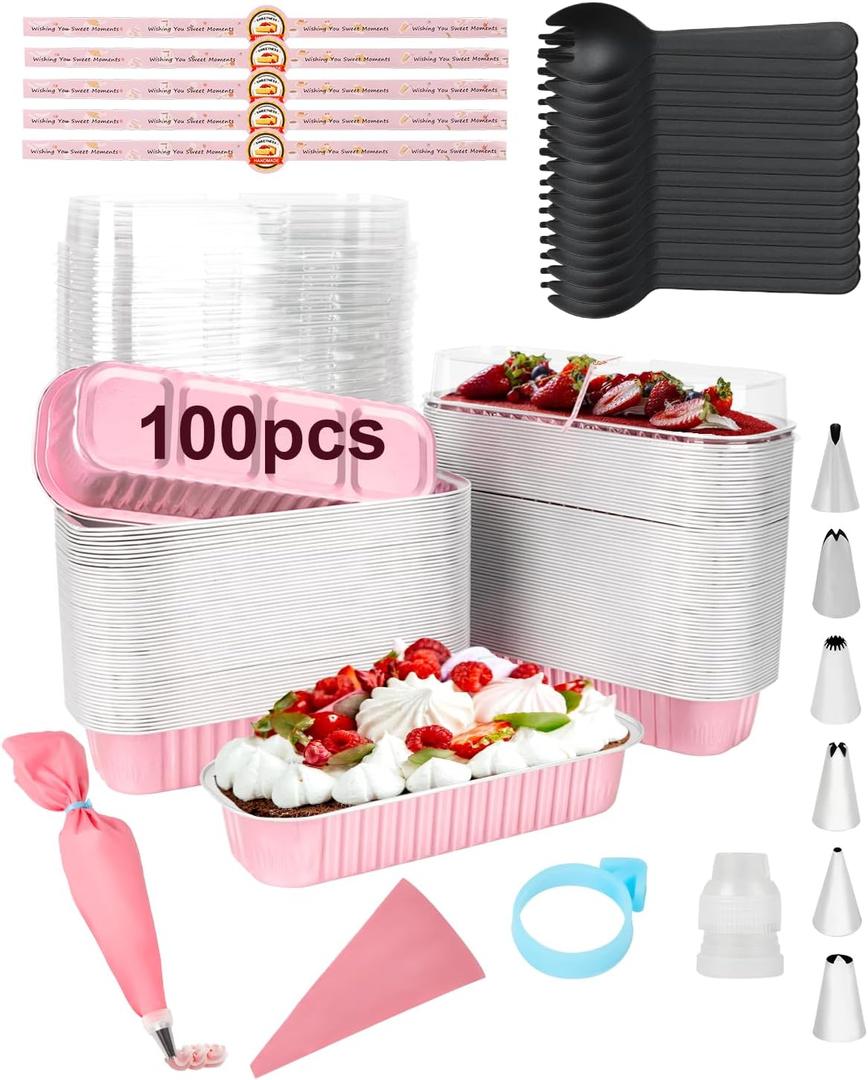 100 Pack Mini Cake Pans with Lids Spoons & 1 Piping Bag and Tips Set  6.8oz Disposable Aluminum Foil Pink Mini Loaf Pans for Cake Tins, Baking, Gift & Parties