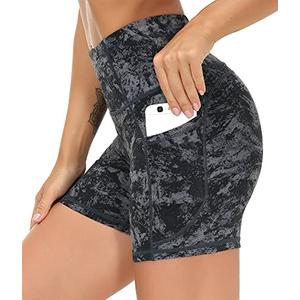 THE GYM PEOPLE High Waist Yoga Shorts for Women Tummy Control Fitness Athletic Workout Running Shorts with Deep Pockets (Large, Gray-Marble)