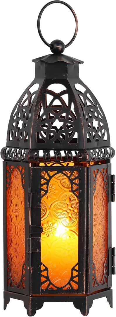 DECORKEY Moroccan Lanterns Decorative Indoor & Outdoor, 11 Medium Size Vintage Metal Hanging&Tabletop Candle Holder Decor, Halloween Christmas Ramadan Decorations for Home Porch Patio (Amber)