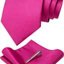 Solid Color Formal Necktie and Pocket Square Tie Clip Sets for Men (Hot Pink)
