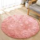 ORINOVA Pink Washable Fluffy Circle Rugs for Bedroom Small Faux Sheepskin Shag Fur Round Rugs 4ft Nursery Rug Cute Room
