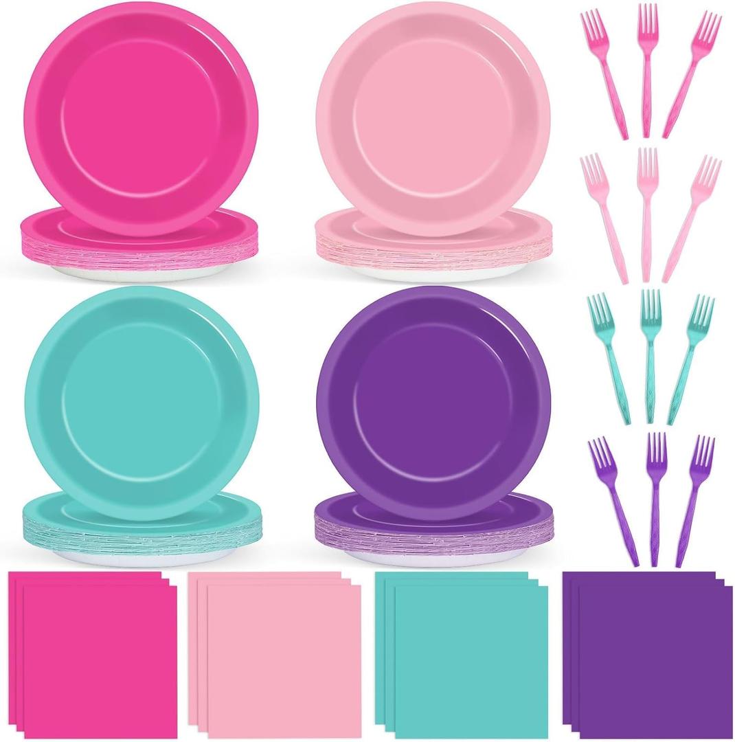96 PCS Teal Blue Pink Purple Paper Plates and Napkins Dog Birthday Party Supplies Lets Pawty Puppy Tableware Set Colorful Puppy Themed Party Favors Baby Shower