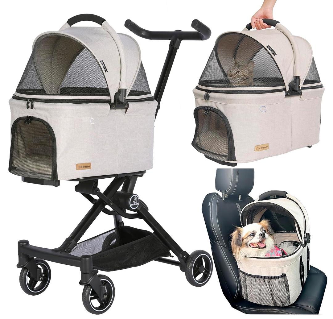ROODO 2026 Upgraded Version 3 in 1 Dog Cat Stroller with Detachable Carrier Lightweight Folding Portable All Terrain Pet Travel System Puppy Kitty Doggie Bunny Stroller for 30lbs(Light Khaki), 18*8.5*22 Inches