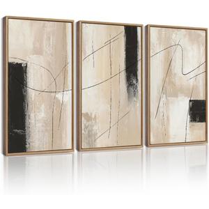 KUVIOKE Abstract Framed Wall Art Minimalist Beige Pastel Watercolor Neutral Wall Decor Modern Black Line Art Painting Home Decor 16x24in (Natural Framed)