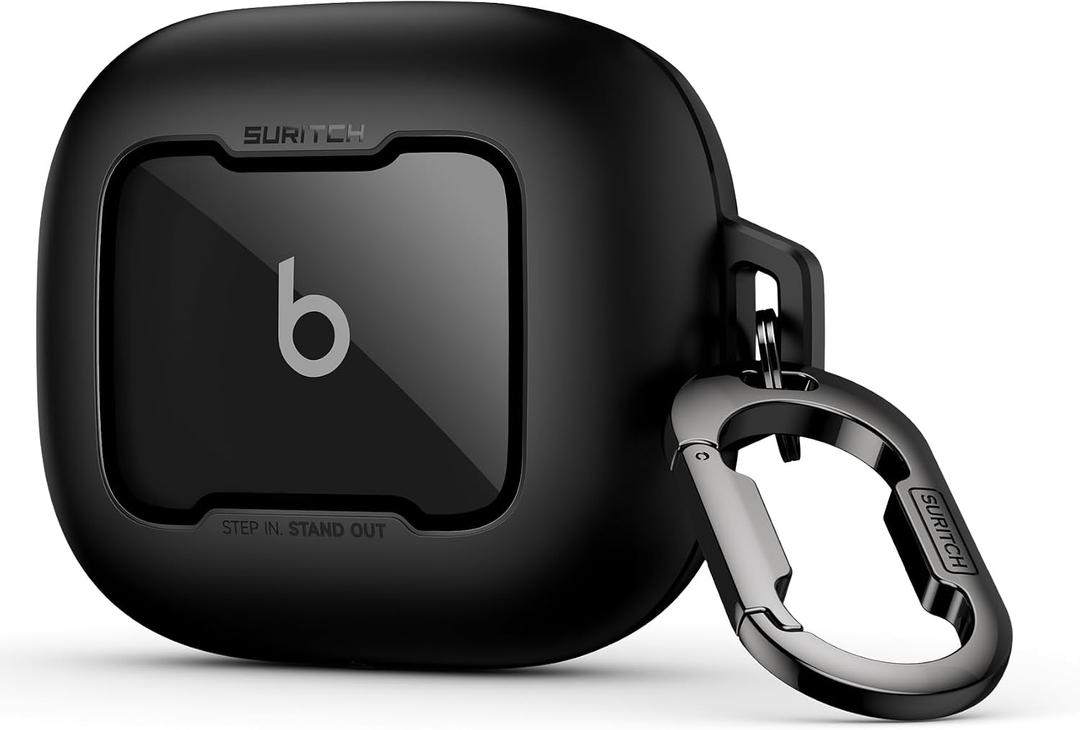 SURITCH Case for Beats Powerbeats Fit Case Cover, Magnetic Bumper Cases for Powerbeats Fit Earbuds 2025, Shockproof Protective Cover with Magnetic Lock & Carabiner for Workout, Sport, Travel, Black